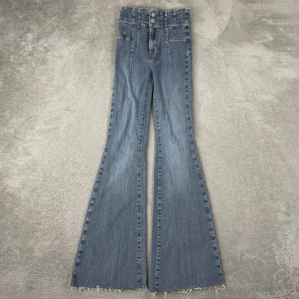 We The Free Flare Jeans Womens 24 Blue Just Float On High Rise Raw Hem Seam